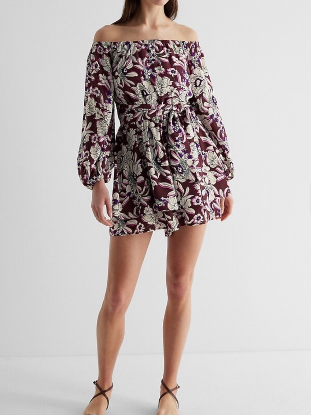 EXPRESS Floral Off The Shoulder Tie Waist Ruffle Romper LARGE NWT